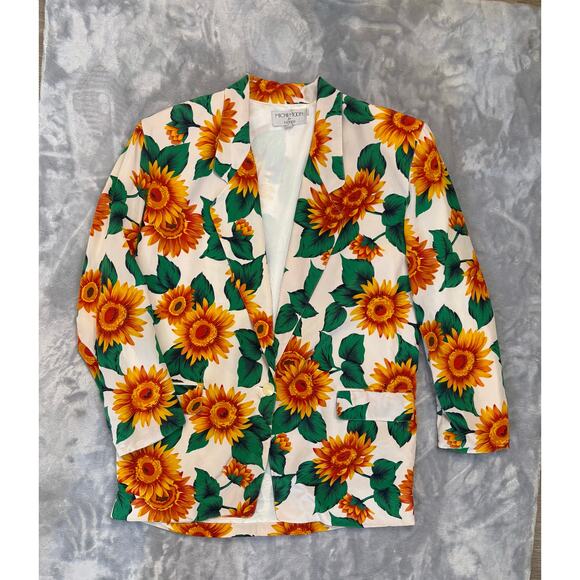 Vintage Sunflower Print Silk One Button Blazer S Sanyo 90's Work Casual Career - Picture 7 of 11